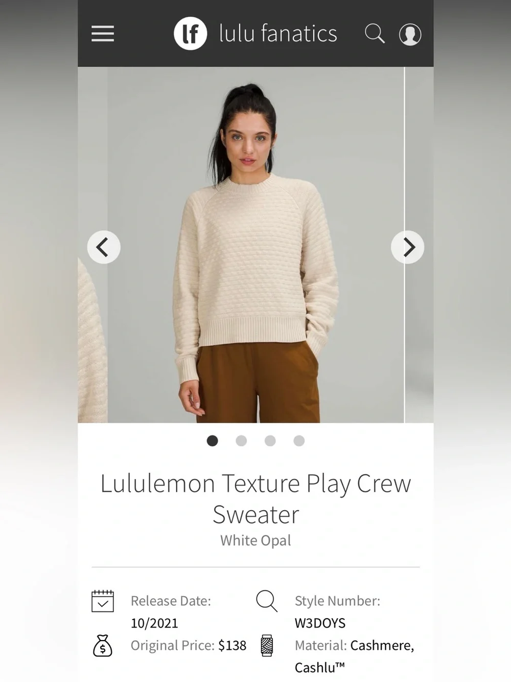 lululemon athletica Cashemere Blend Cream Textured Crewneck Sweater
